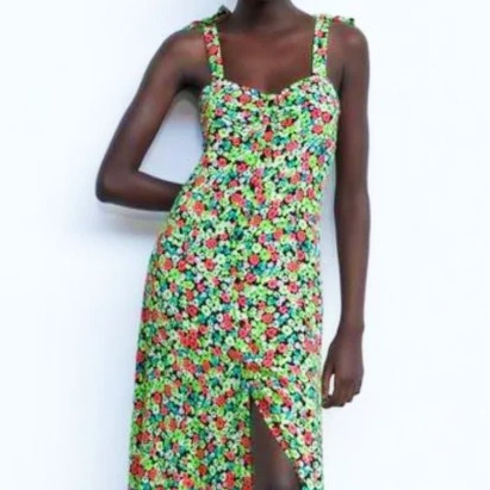 Zara Floral Print Cottagecore Prairiecore Sleeveless Tie Shoulder DRESS XL NWT